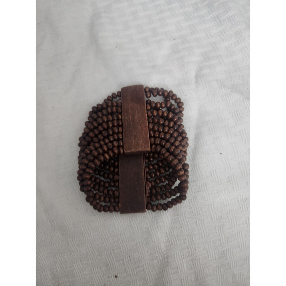 Boho Wide Multi Strand Brown Wood Bead Stretch Cuff Bracelet with Spacer Bars